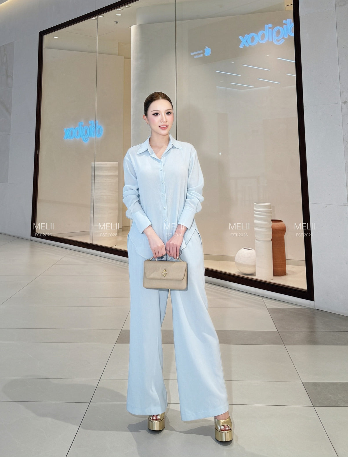 Liora Premium Linen Set in Powder Blue, full-length real model view
