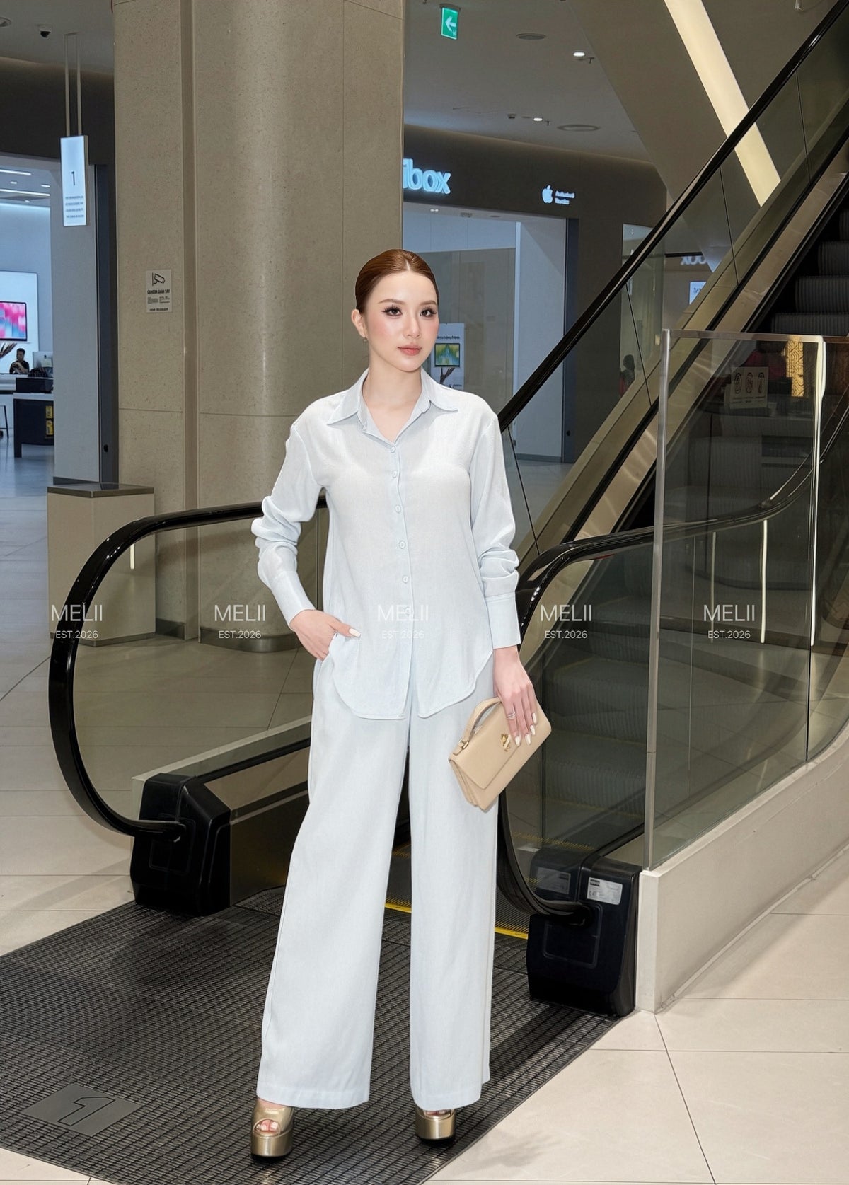 Liora Premium Linen Set in Powder Blue, real model hero view