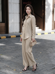 Liora Premium Linen Set in Natural Oat, angled model view
