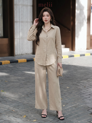 Liora Premium Linen Set in Natural Oat, front model view
