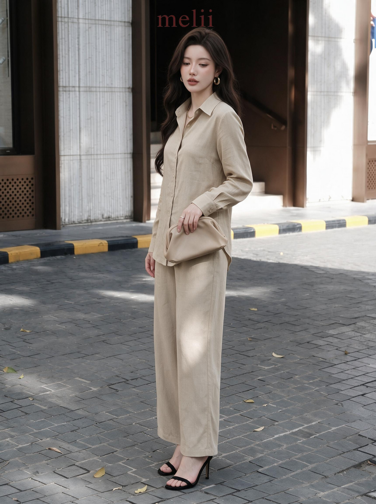 Liora Premium Linen Set in Natural Oat, side model view