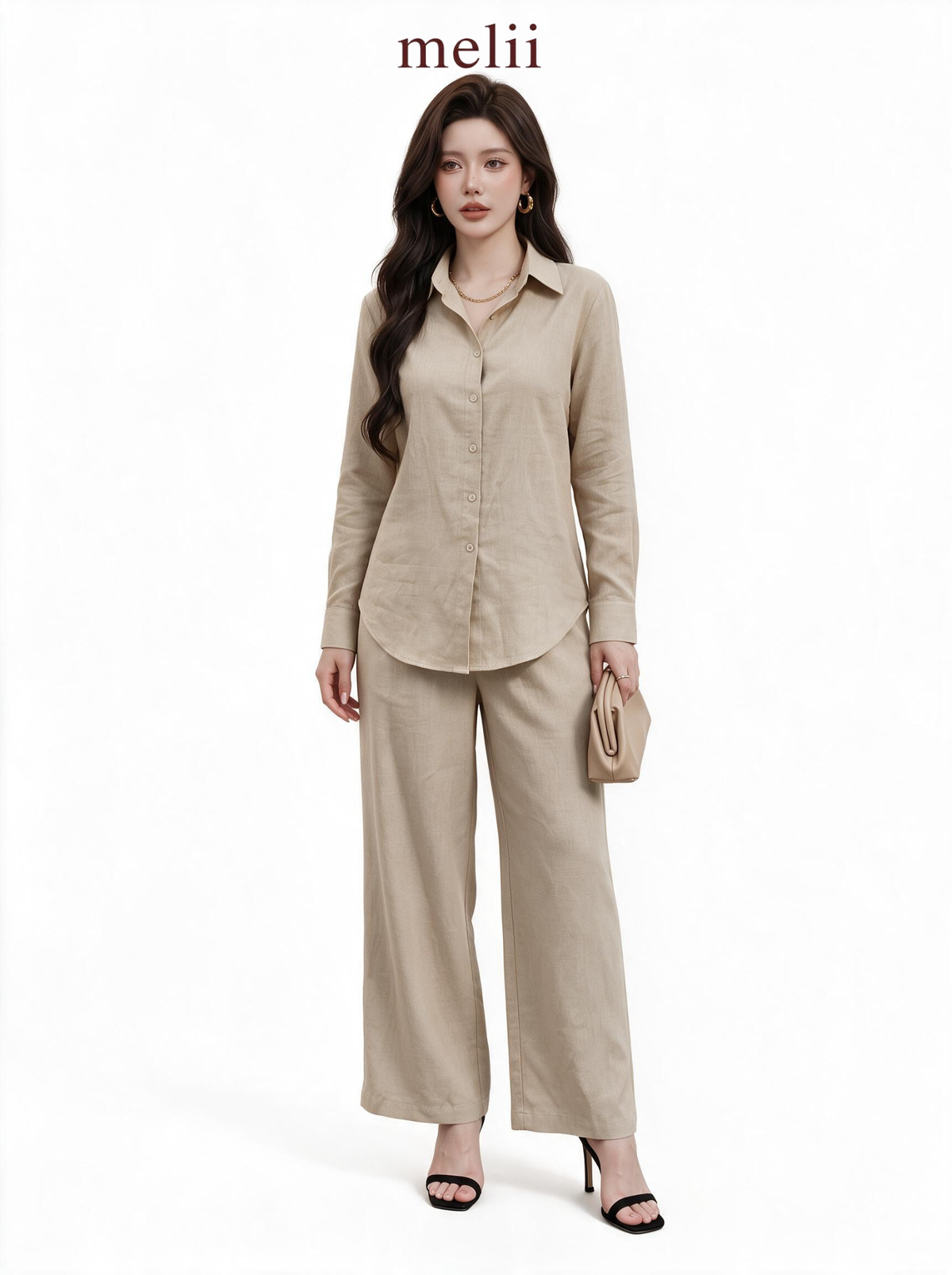 Liora Premium Linen Set in Natural Oat, studio model view
