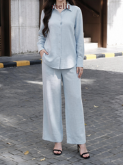 Liora Premium Linen Set in Powder Blue, detail model view