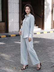 Liora Premium Linen Set in Powder Blue, angled model view