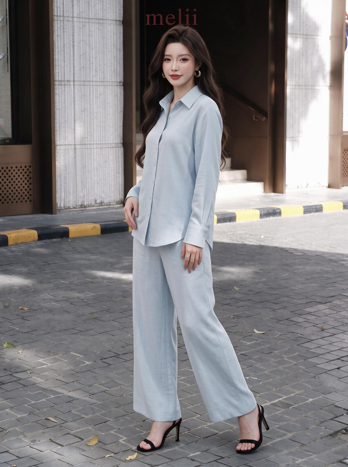 Liora Premium Linen Set in Powder Blue, angled model view
