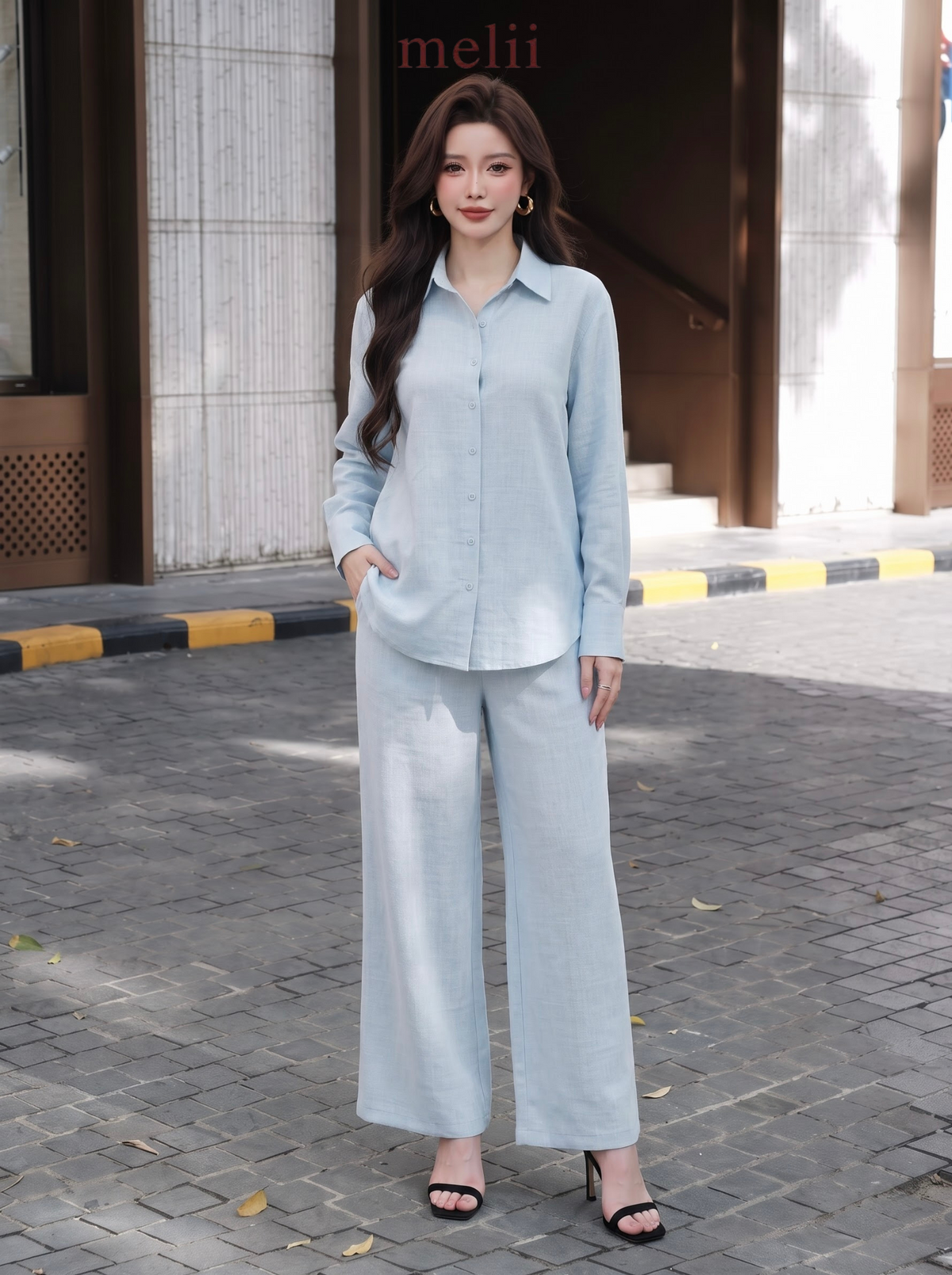 Liora Premium Linen Set in Powder Blue, alternate front model view