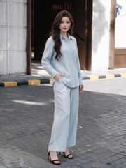 Liora Premium Linen Set in Powder Blue, front model view