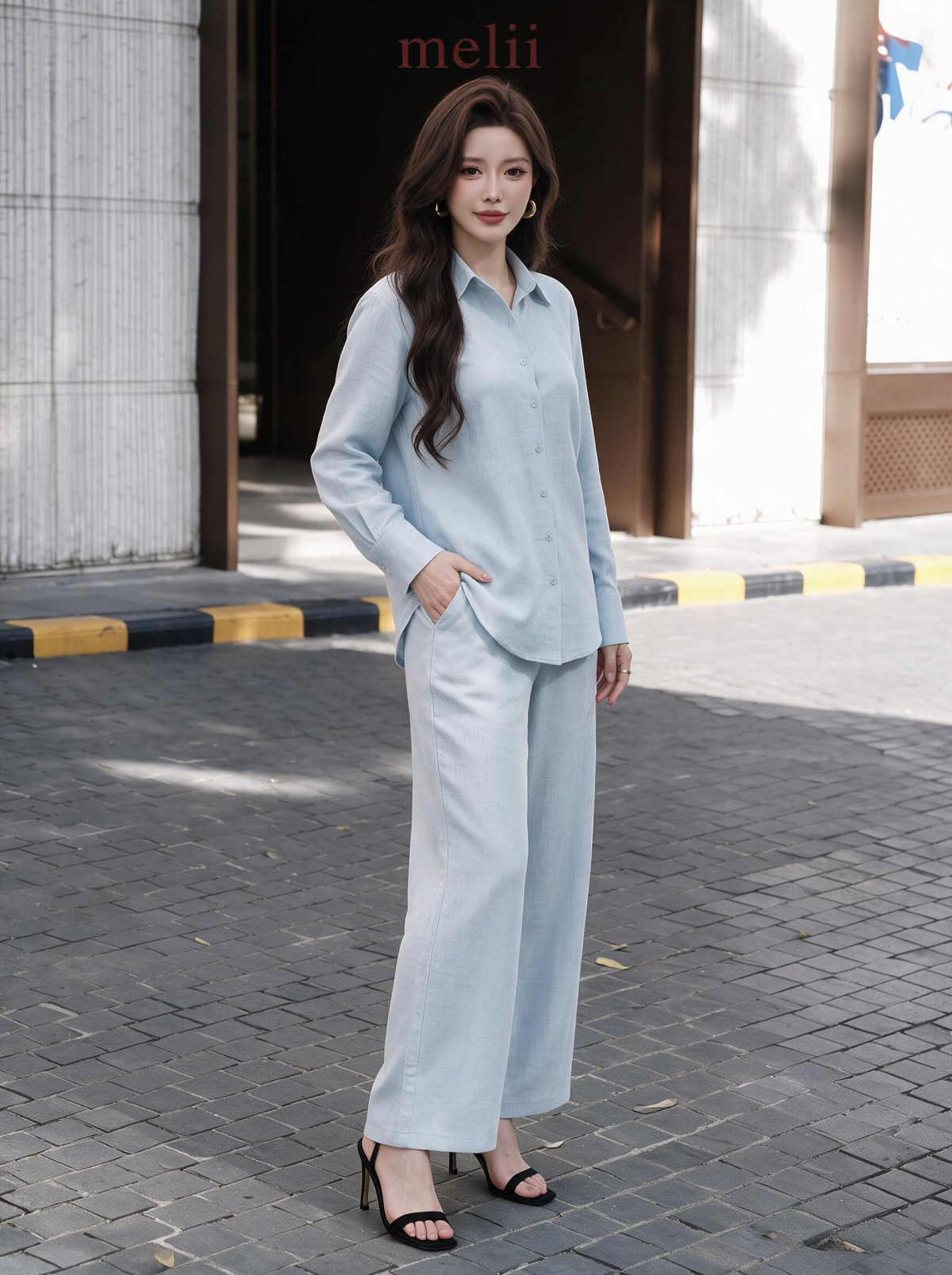 Liora Premium Linen Set in Powder Blue, front model view