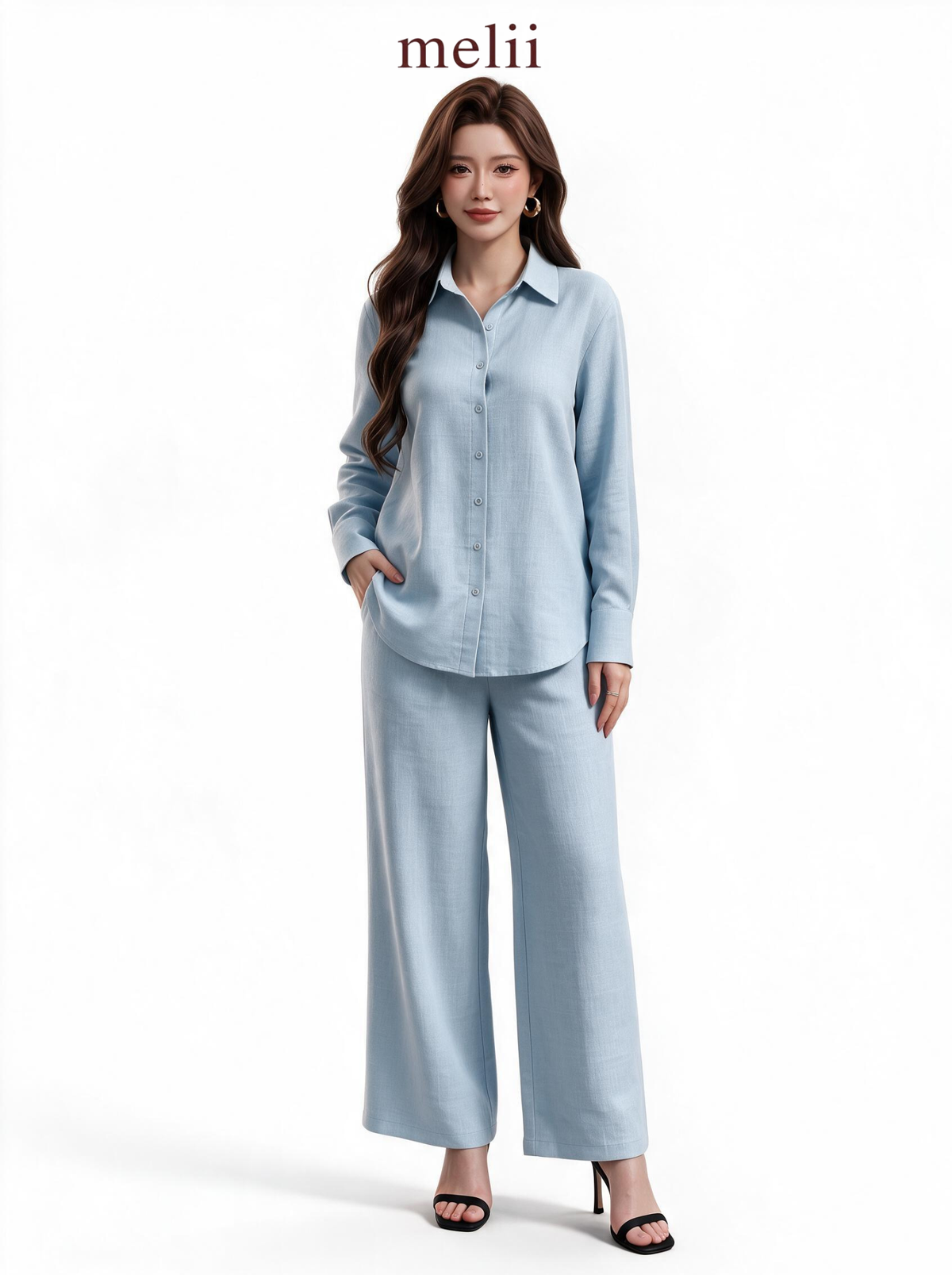 Liora Premium Linen Set in Powder Blue, studio model view