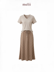 MELII Mira V-Neck Drawstring Top and Striped Maxi Skirt Set in Beige, product-only front view with a beige top and brown-and-ivory striped skirt