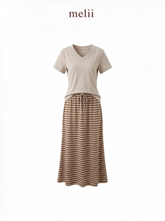 MELII Mira V-Neck Drawstring Top and Striped Maxi Skirt Set in Beige, product-only front view with a beige top and brown-and-ivory striped skirt