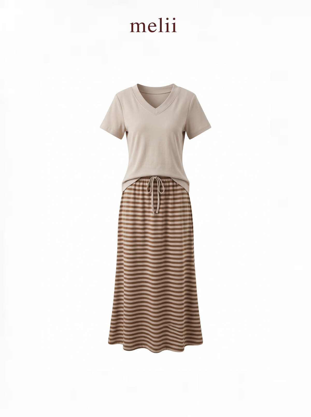 MELII Mira V-Neck Drawstring Top and Striped Maxi Skirt Set in Beige, product-only front view with a beige top and brown-and-ivory striped skirt