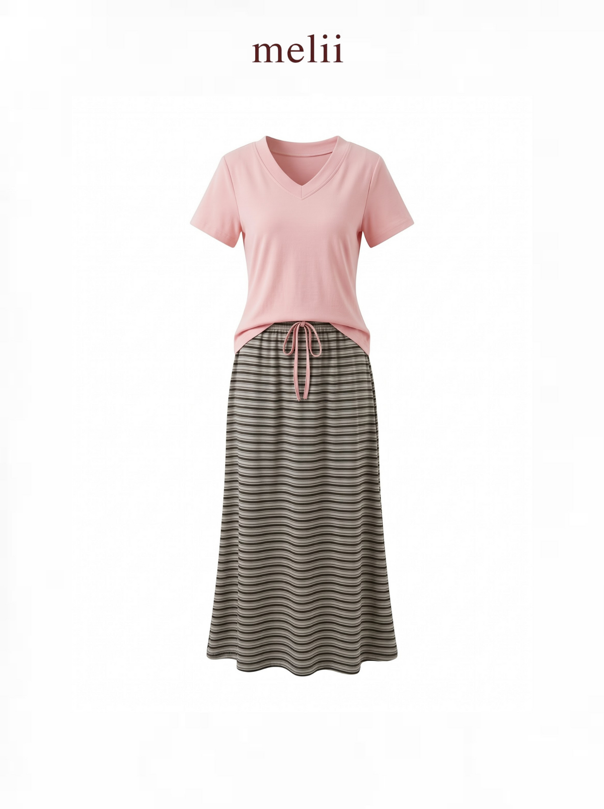 MELII Mira Blush Pink V-Neck Top and Striped Maxi Skirt Set, product-only view