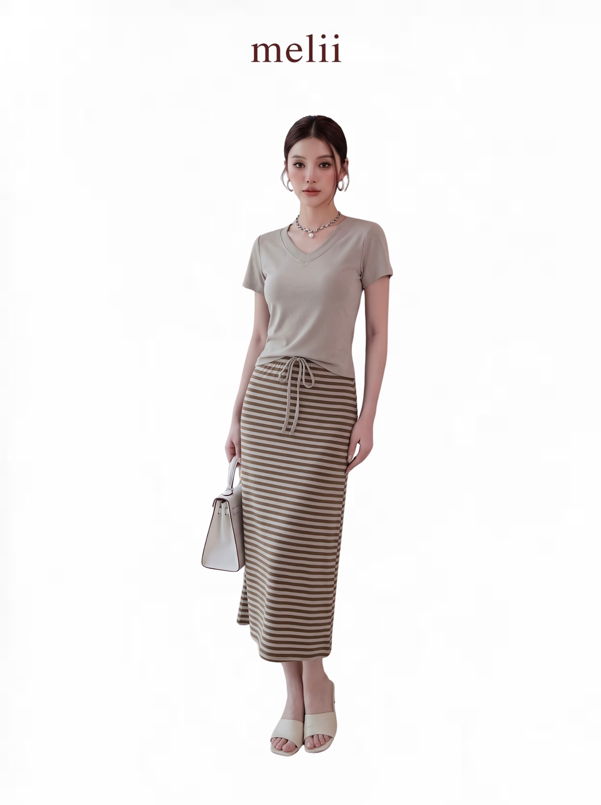 MELII Mira V-Neck Drawstring Top and Striped Maxi Skirt Set in Beige, full-length front model view on a white background