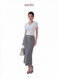MELII Mira White V-Neck Top and Striped Maxi Skirt Set, full-length model view on a white background