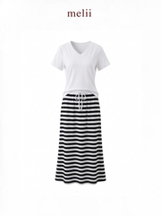 Mira White V-Neck Top and Striped Maxi Skirt Set, product-only front view