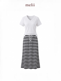 Mira White V-Neck Top and Striped Maxi Skirt Set, product-only front view