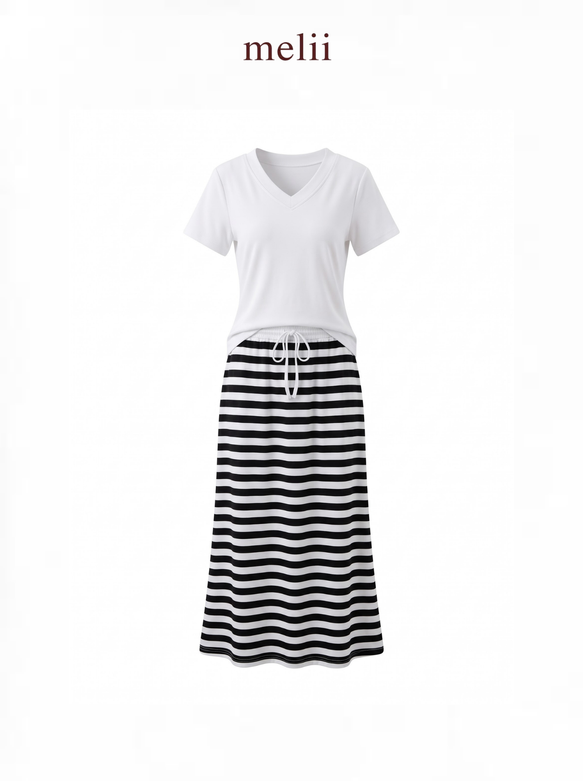 Mira White V-Neck Top and Striped Maxi Skirt Set, product-only front view