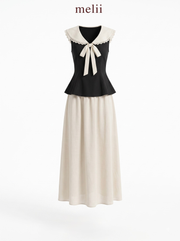 MELII black sailor-tie top with ivory flowing maxi skirt, product-only view