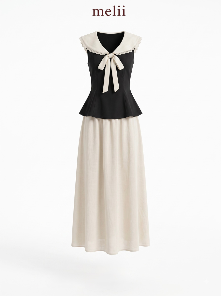 MELII black sailor-tie top with ivory flowing maxi skirt, product-only view