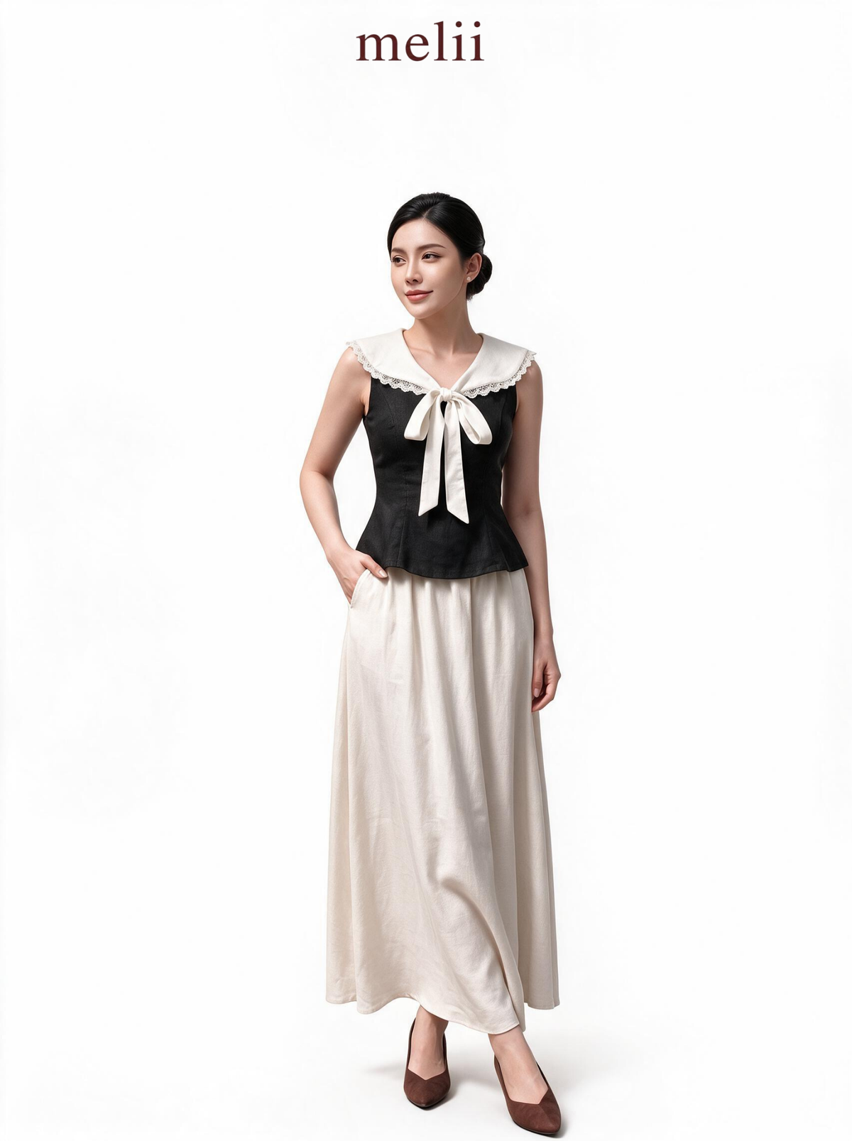 MELII black sailor-tie top, model view