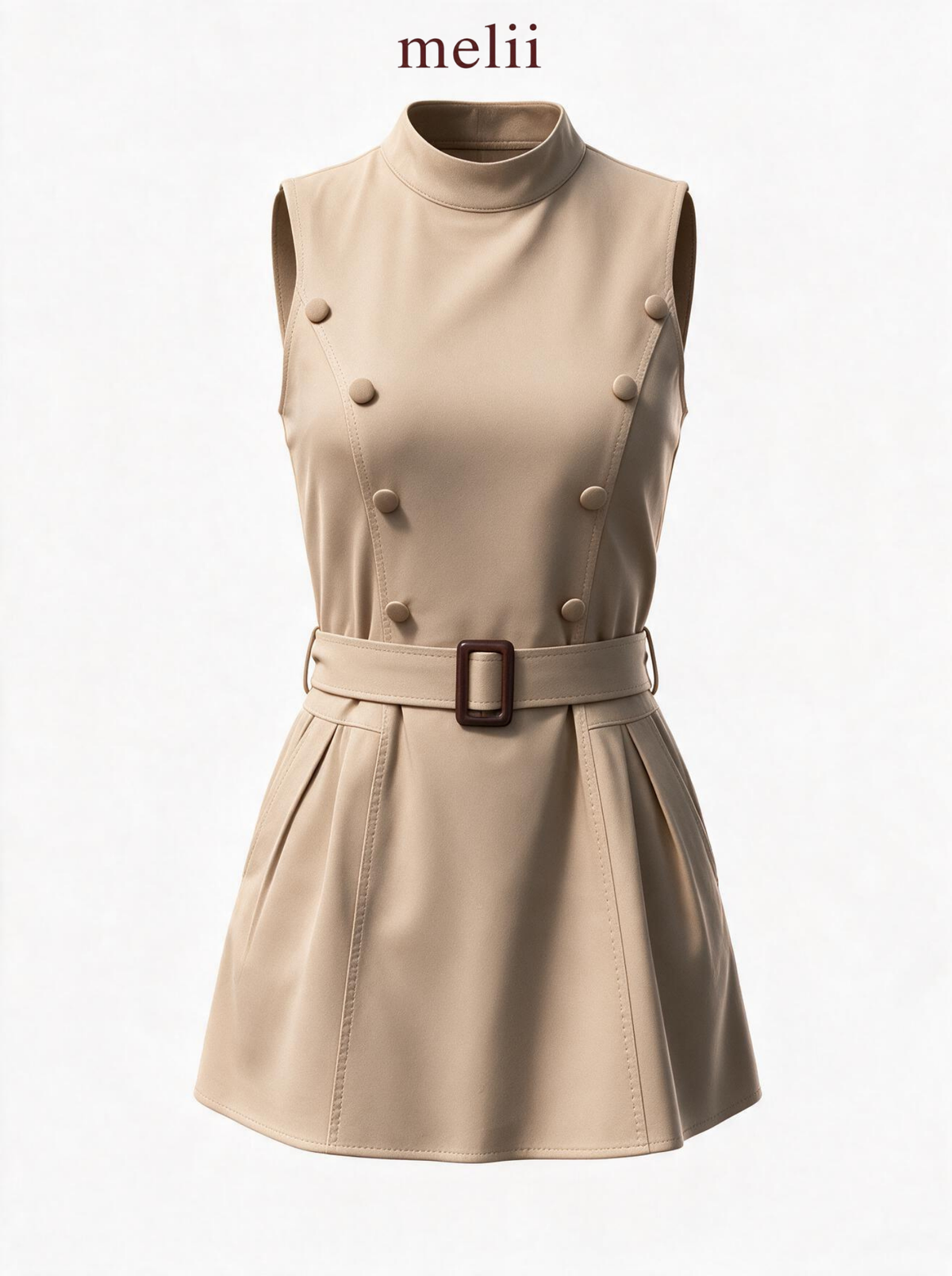 Solene Belted A-Line Dress in Sand, product-only view