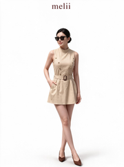 Solene Belted A-Line Dress in Sand, studio model view
