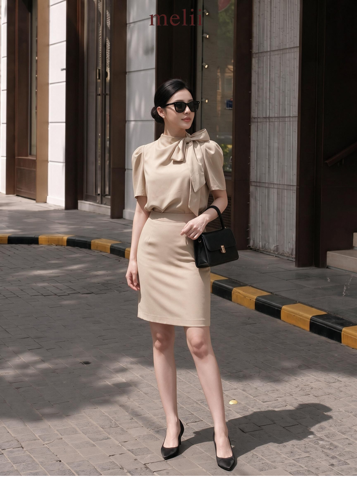 MELII warm beige tailored pencil skirt, alternate model view