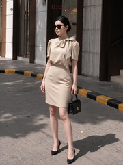 MELII warm beige tailored pencil skirt, model view