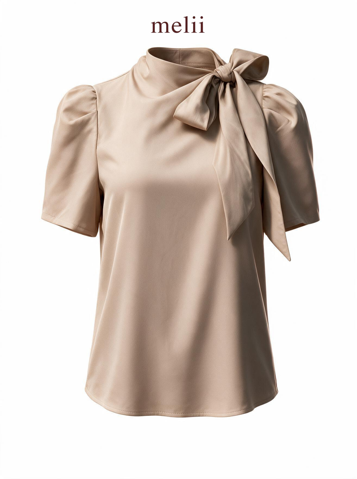 MELII warm beige bow-neck blouse, product-only view