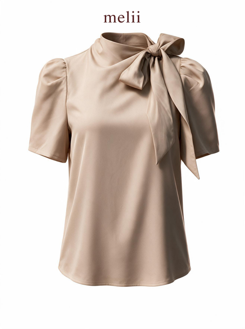 MELII warm beige bow-neck blouse, product-only view