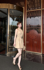 Solene Belted A-Line Dress in Sand, real model view