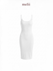 MELII U-Neck Bodycon Midi Dress in White, product-only front view on a white background