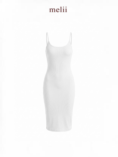 MELII U-Neck Bodycon Midi Dress in White, product-only front view on a white background