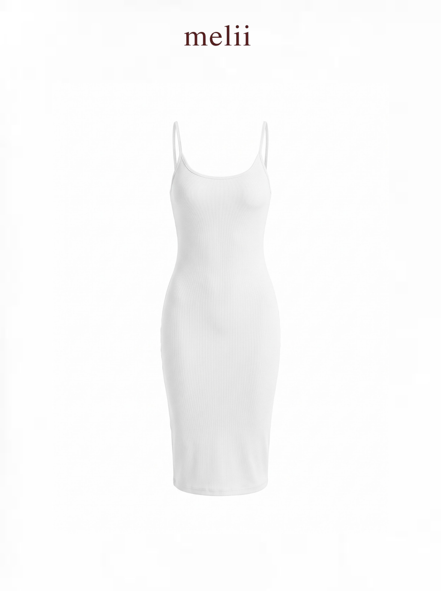 MELII U-Neck Bodycon Midi Dress in White, product-only front view on a white background