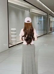 Mira Drawstring V-Neck Top and Striped Maxi Skirt Set in Blush Pink, back model view