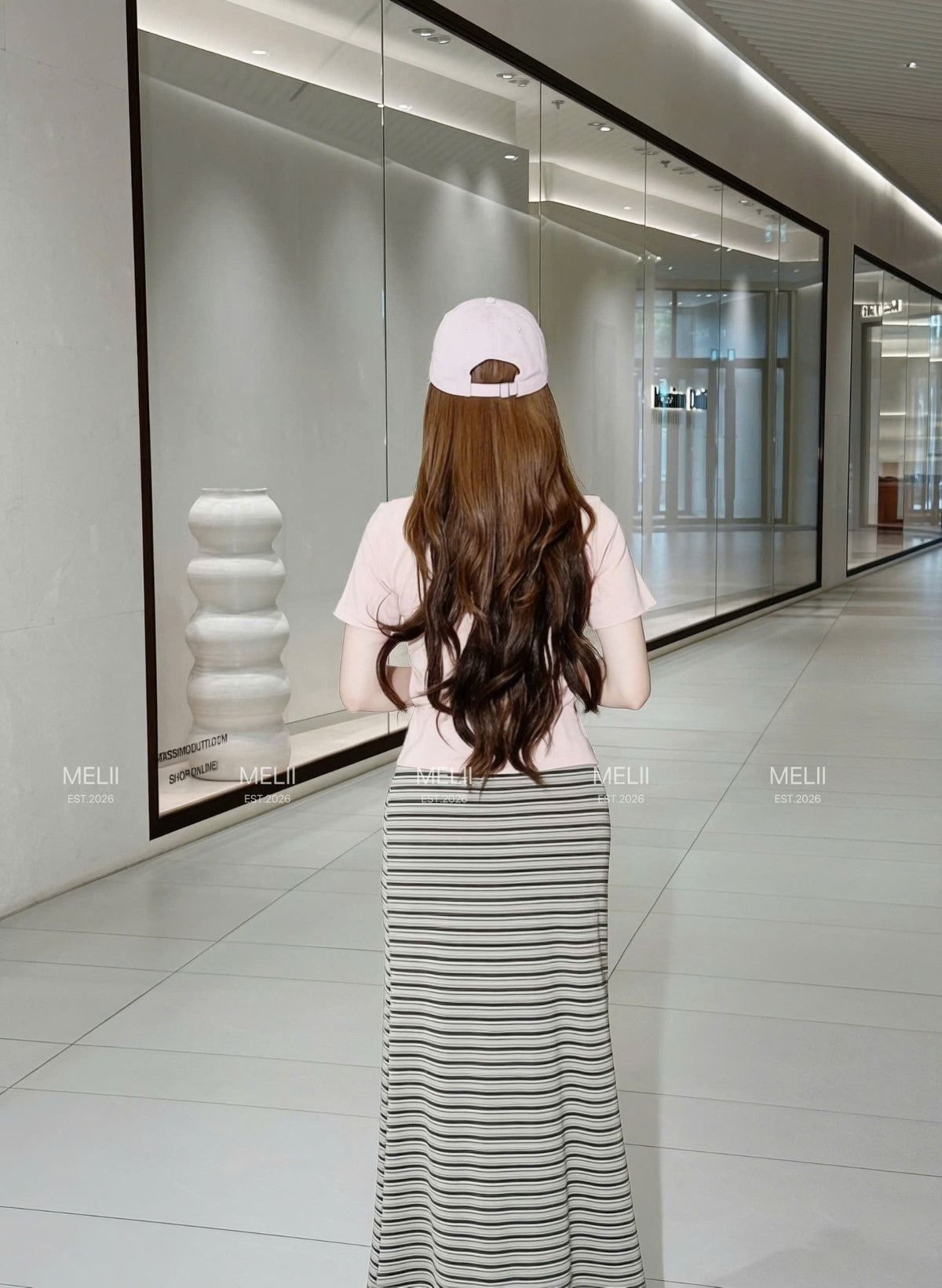 Mira Drawstring V-Neck Top and Striped Maxi Skirt Set in Blush Pink, back model view