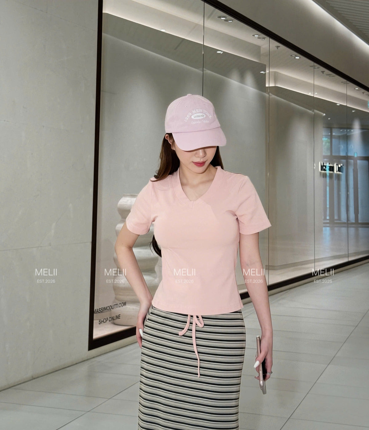 Mira Drawstring V-Neck Top and Striped Maxi Skirt Set in Blush Pink, front model view
