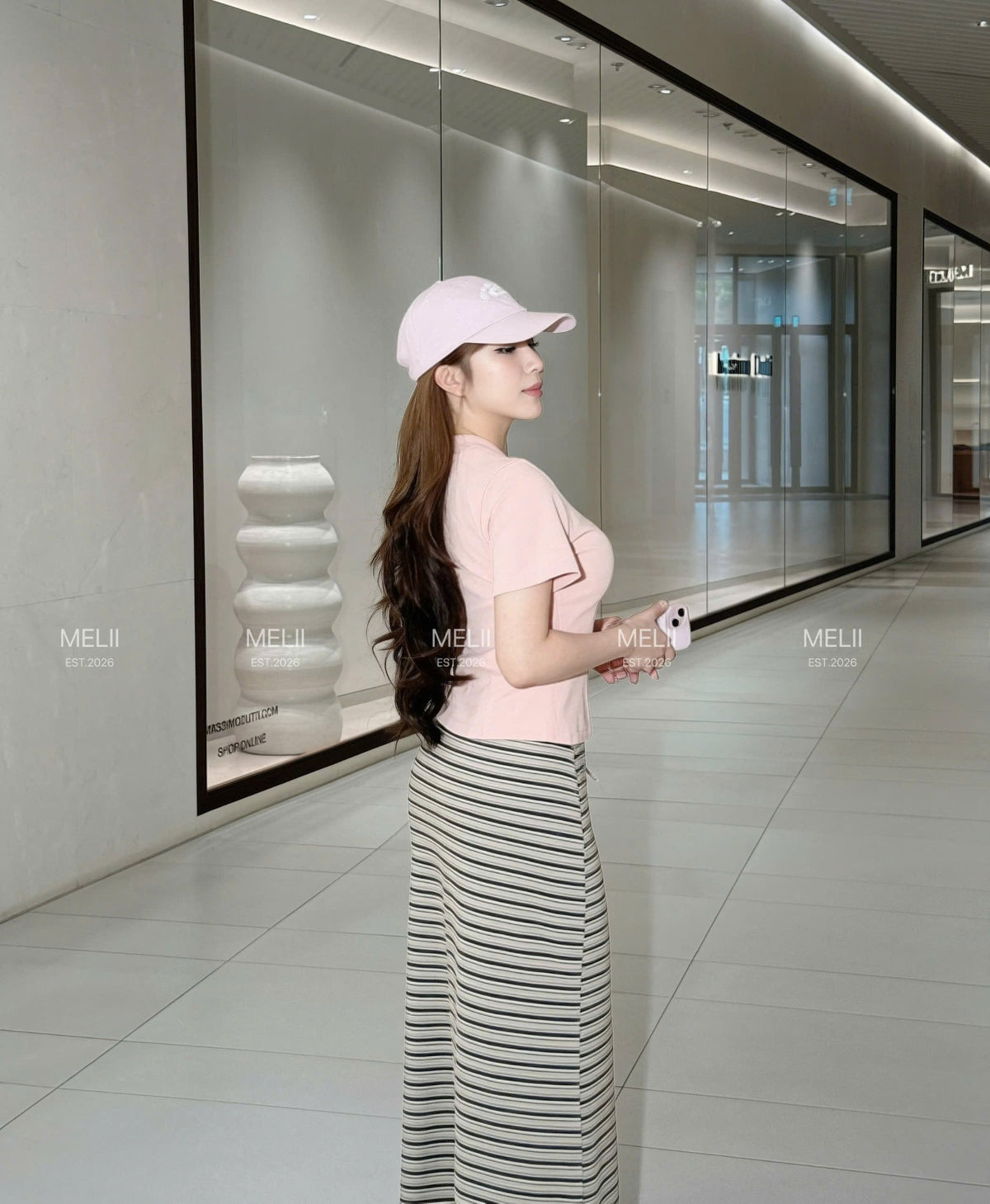 Mira Drawstring V-Neck Top and Striped Maxi Skirt Set in Blush Pink, side model view