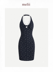 MELII Noelle navy floral halter dress, product-only front view with white lace neckline