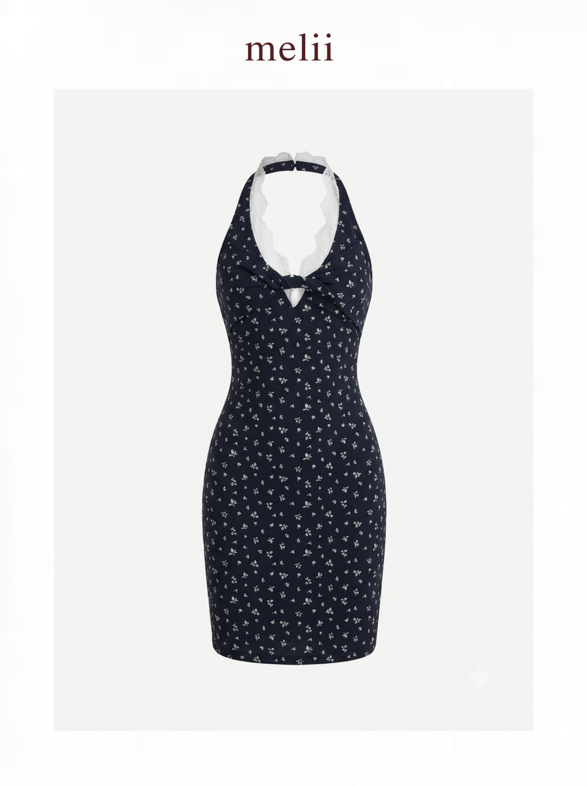 MELII Noelle navy floral halter dress, product-only front view with white lace neckline