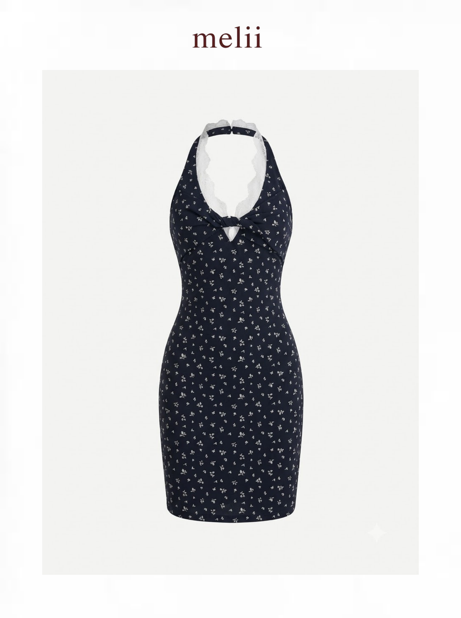 MELII Noelle navy floral halter dress, product-only front view with white lace neckline