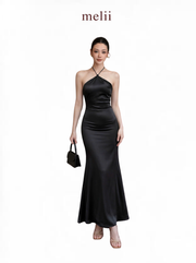 MELII Premium Bodycon Halter Dress in Black, full-length model view on a white background