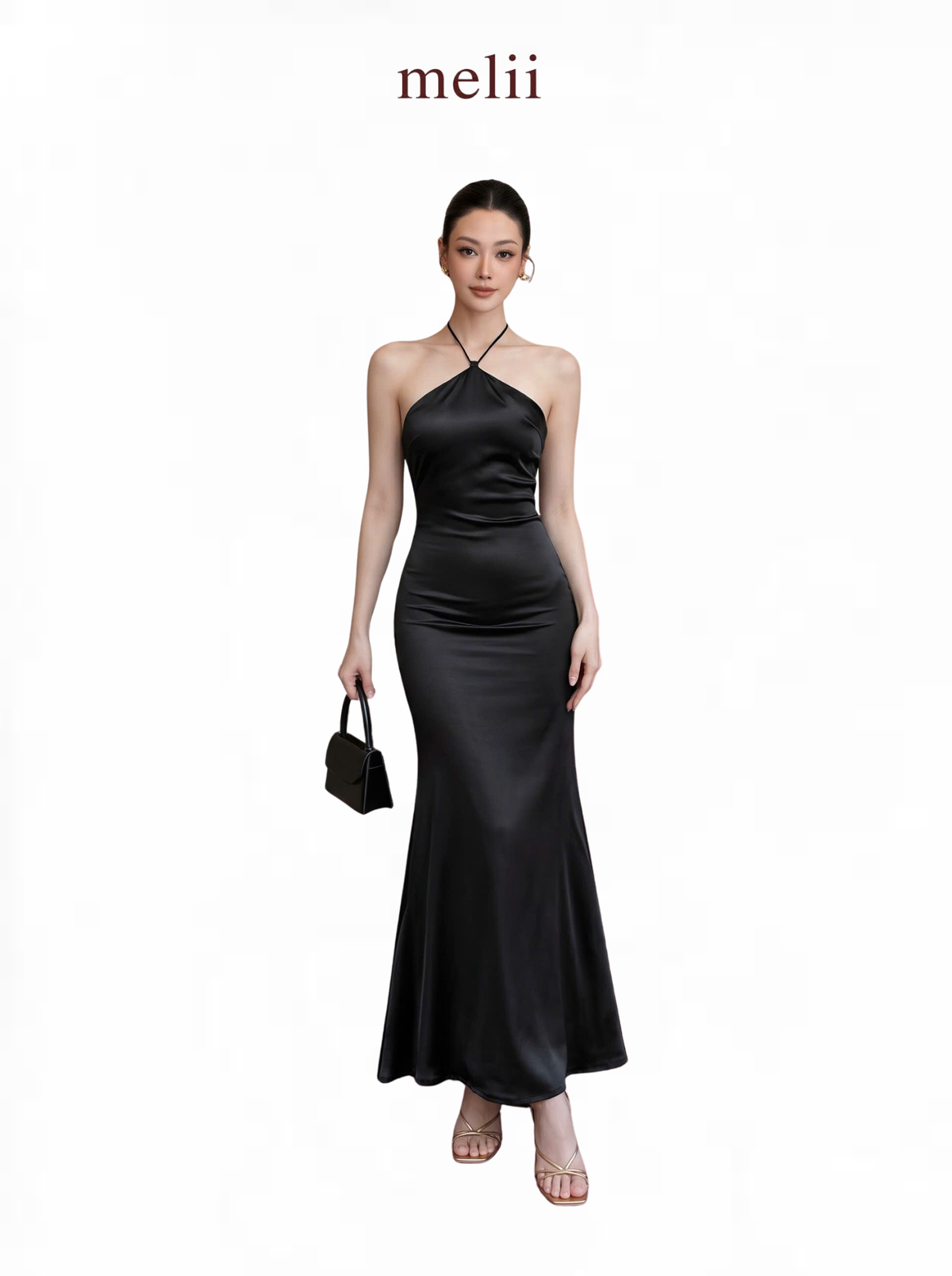 MELII Premium Bodycon Halter Dress in Black, full-length model view on a white background