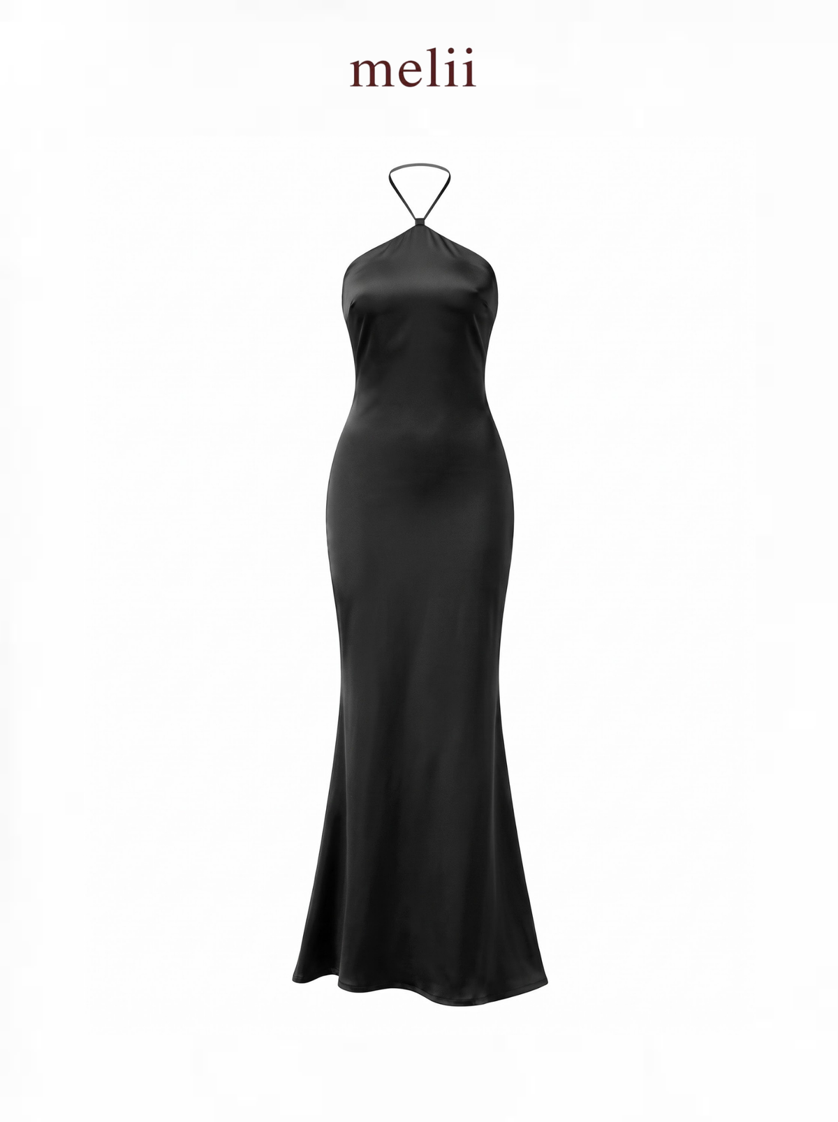 MELII Premium Bodycon Halter Dress in Black, product-only front view on a white background