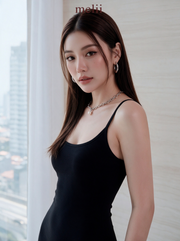 MELII U-Neck Bodycon Midi Dress in Black, close-up model view showing the U-neckline and slim straps