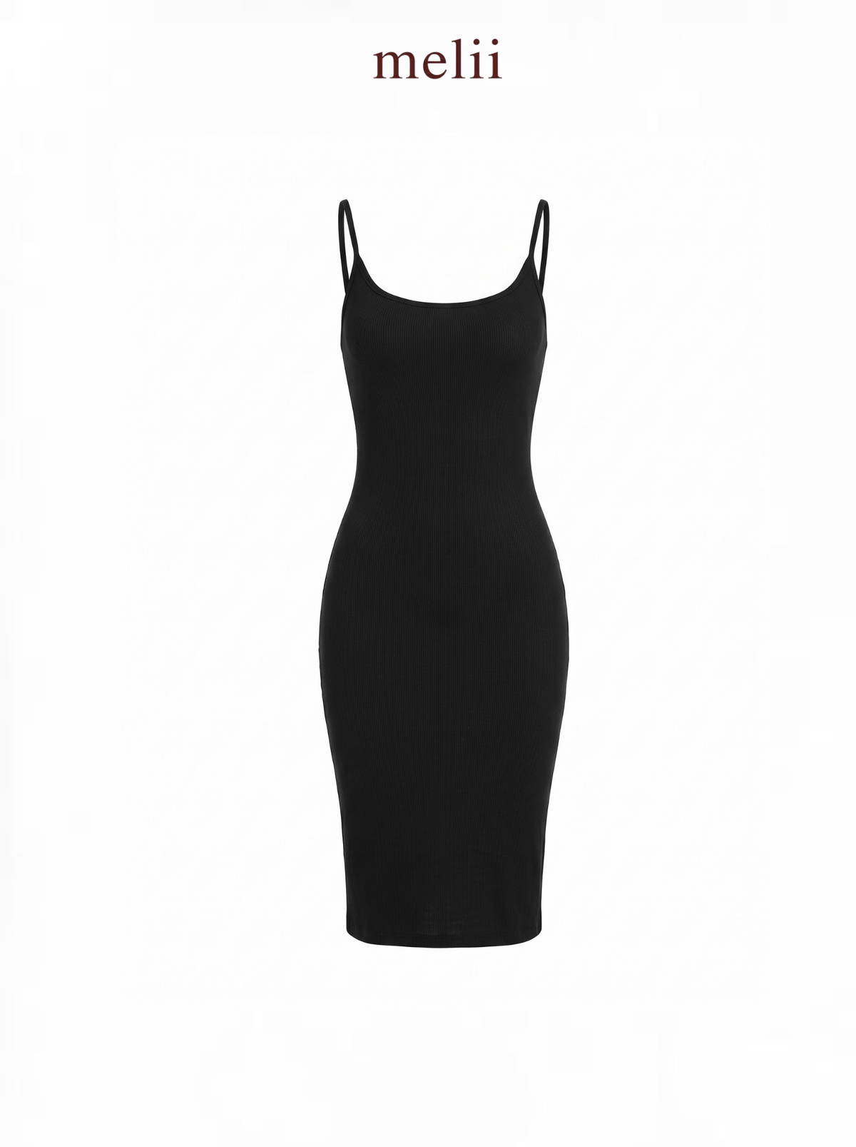 MELII U-Neck Bodycon Midi Dress in Black, product-only front view on a white background