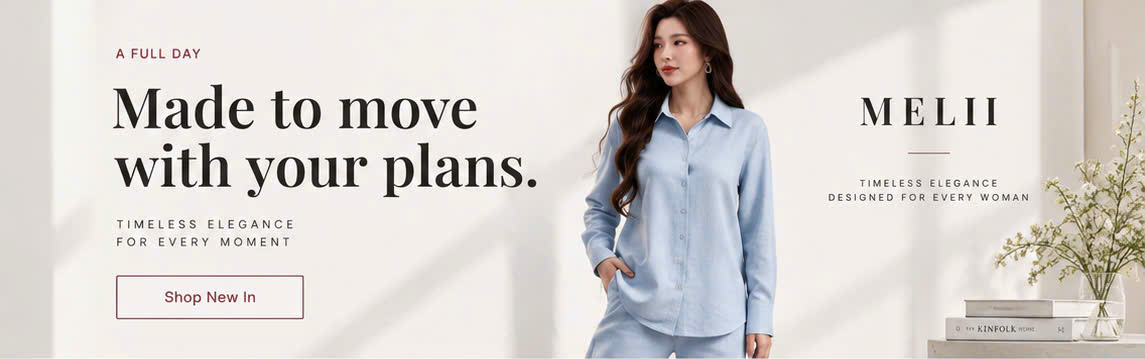 MELII campaign slide featuring a pale blue coordinated look