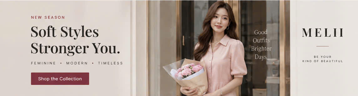 MELII campaign slide featuring a soft pink coordinated look